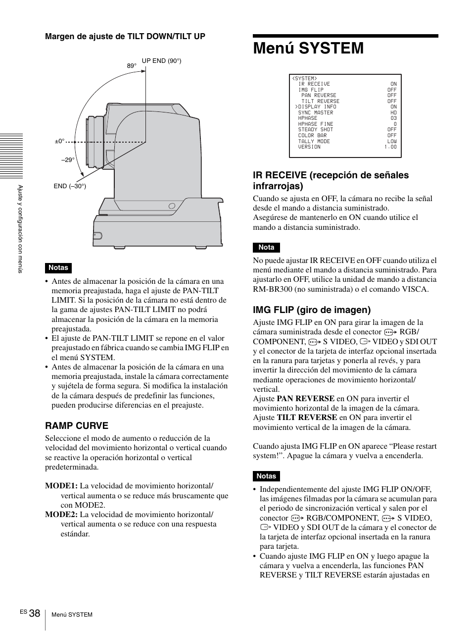 Menú system, Ramp curve, Ir receive (recepción de señales infrarrojas) | Img flip (giro de imagen) | Vaddio BRC-H900 Operating User Manual | Page 220 / 271
