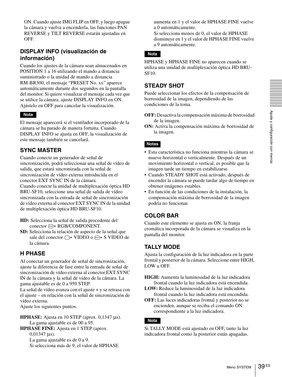 Display info (visualización de información), Sync master, H phase | Steady shot, Color bar, Tally mode | Vaddio BRC-H900 Operating User Manual | Page 221 / 271