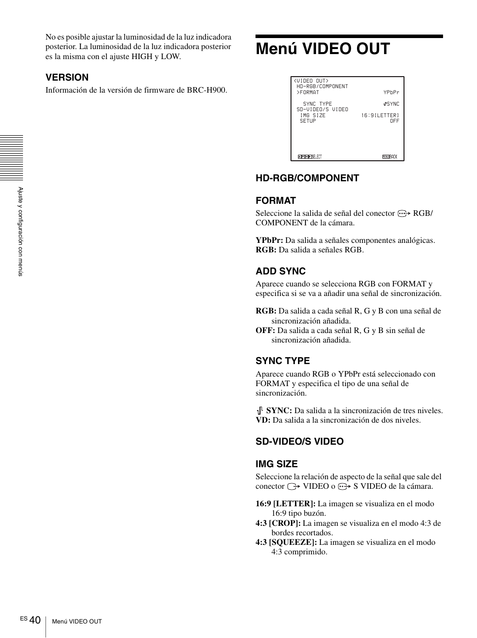 Menú video out, Version, Hd-rgb/component format | Add sync, Sync type, Sd-video/s video img size | Vaddio BRC-H900 Operating User Manual | Page 222 / 271