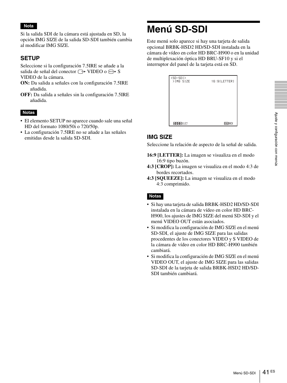 Menú sd-sdi, Setup, Img size | Vaddio BRC-H900 Operating User Manual | Page 223 / 271