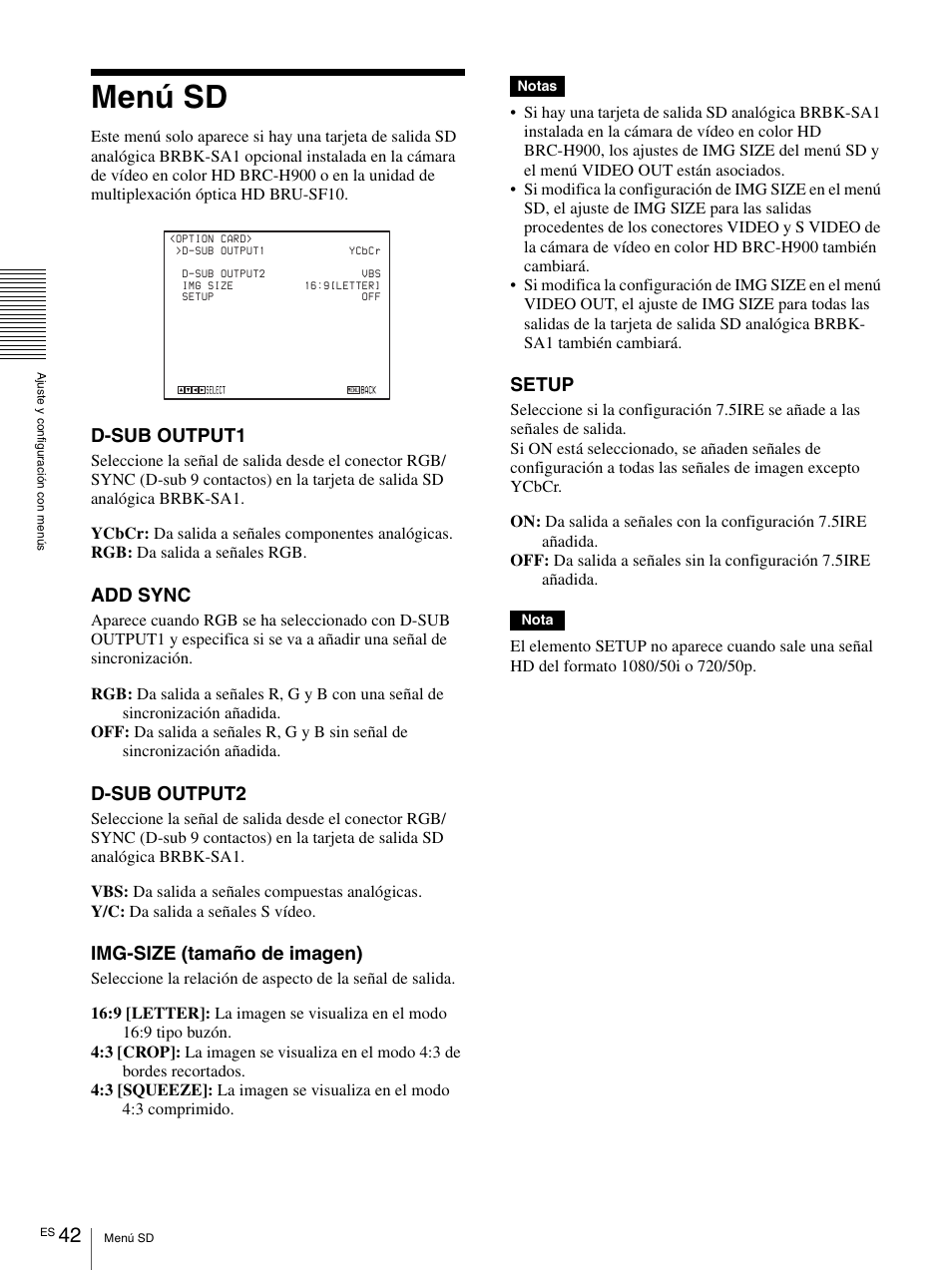 Menú sd, D-sub output1, Add sync | D-sub output2, Img-size (tamaño de imagen), Setup | Vaddio BRC-H900 Operating User Manual | Page 224 / 271