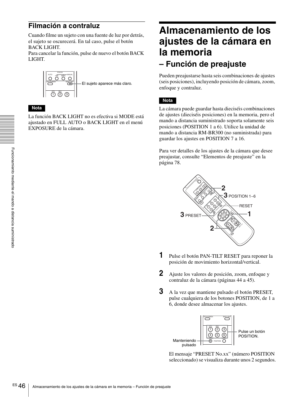 Filmación a contraluz, Función de preajuste, Nota | Vaddio BRC-H900 Operating User Manual | Page 228 / 271