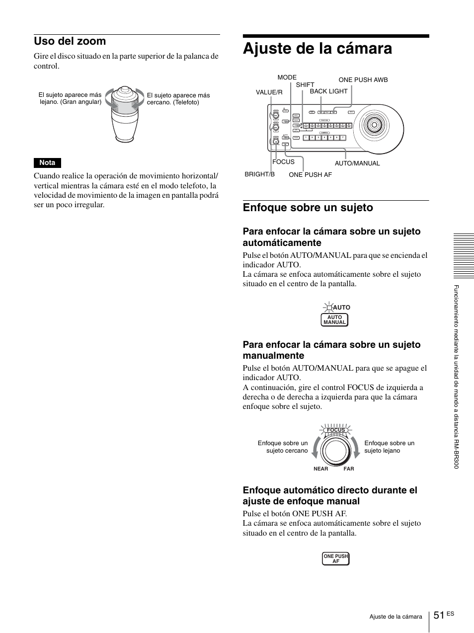 Uso del zoom, Ajuste de la cámara, Enfoque sobre un sujeto | Para enfocar la cámara sobre un sujeto manualmente, Nota | Vaddio BRC-H900 Operating User Manual | Page 233 / 271