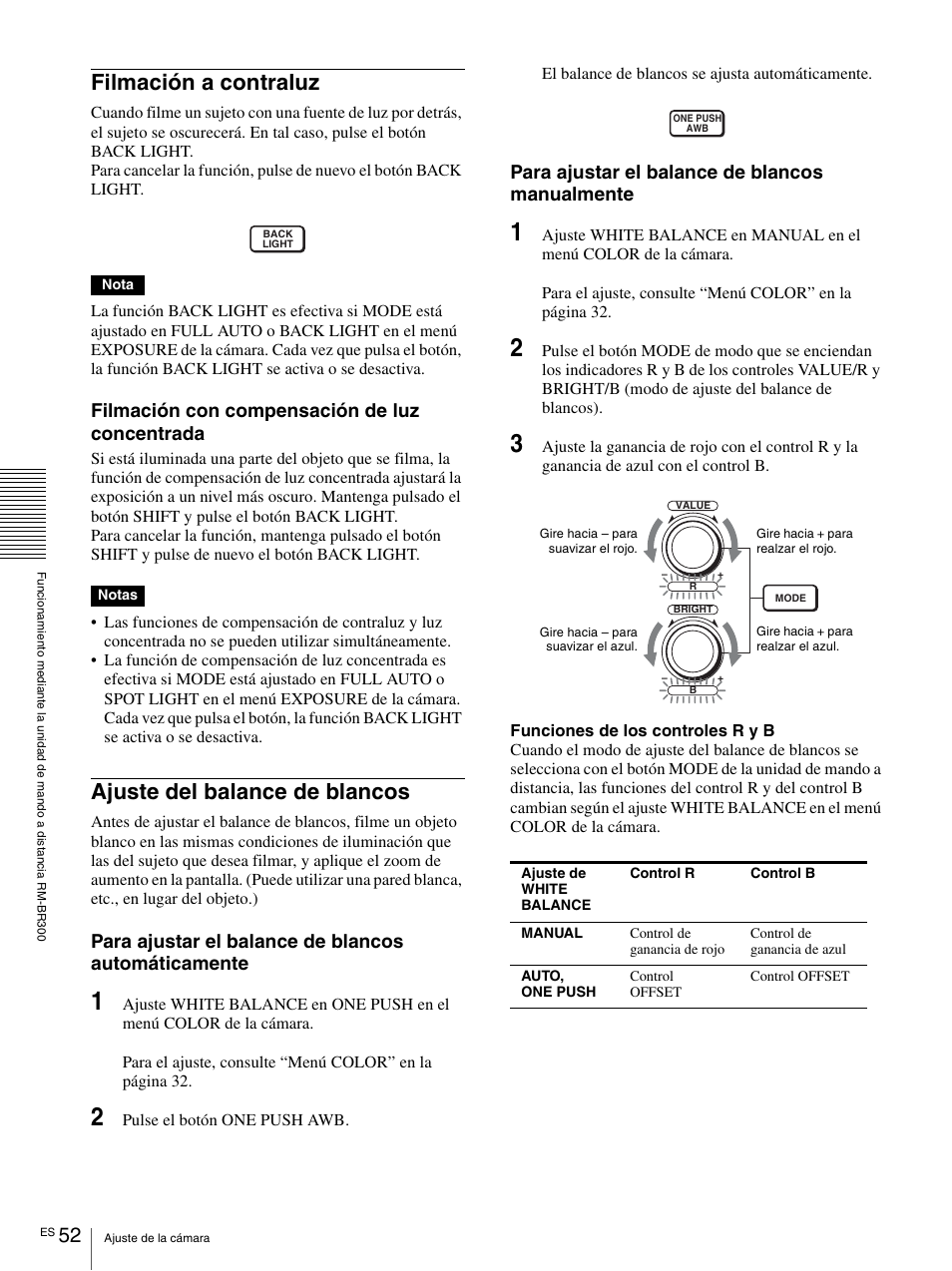 Filmación a contraluz, Ajuste del balance de blancos, Filmación con compensación de luz concentrada | Para ajustar el balance de blancos automáticamente, Para ajustar el balance de blancos manualmente | Vaddio BRC-H900 Operating User Manual | Page 234 / 271
