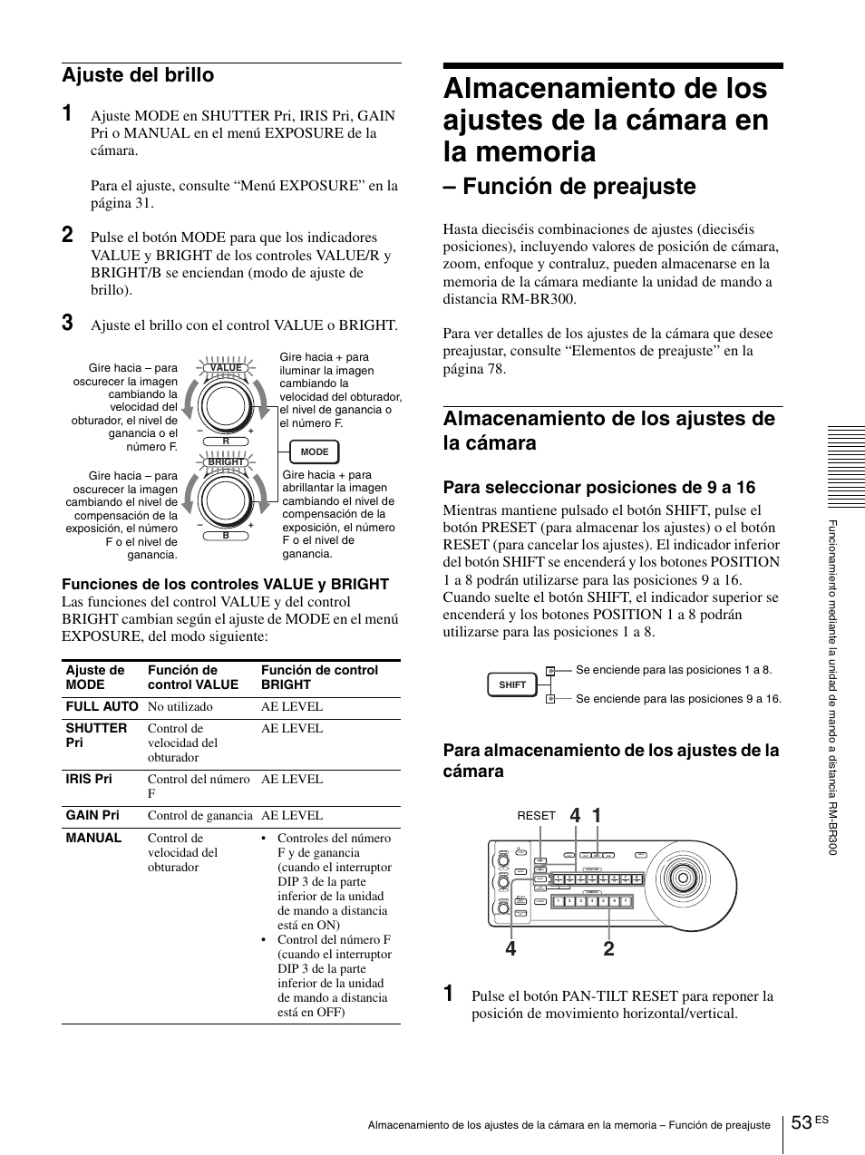 Ajuste del brillo, Almacenamiento de los ajustes de la cámara, Almacenamiento de los ajustes de la | Cámara, Función de preajuste, Para seleccionar posiciones de 9 a 16, Para almacenamiento de los ajustes de la cámara | Vaddio BRC-H900 Operating User Manual | Page 235 / 271