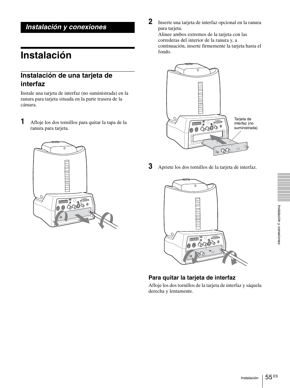 Instalación y conexiones, Instalación, Instalación de una tarjeta de interfaz | Vaddio BRC-H900 Operating User Manual | Page 237 / 271