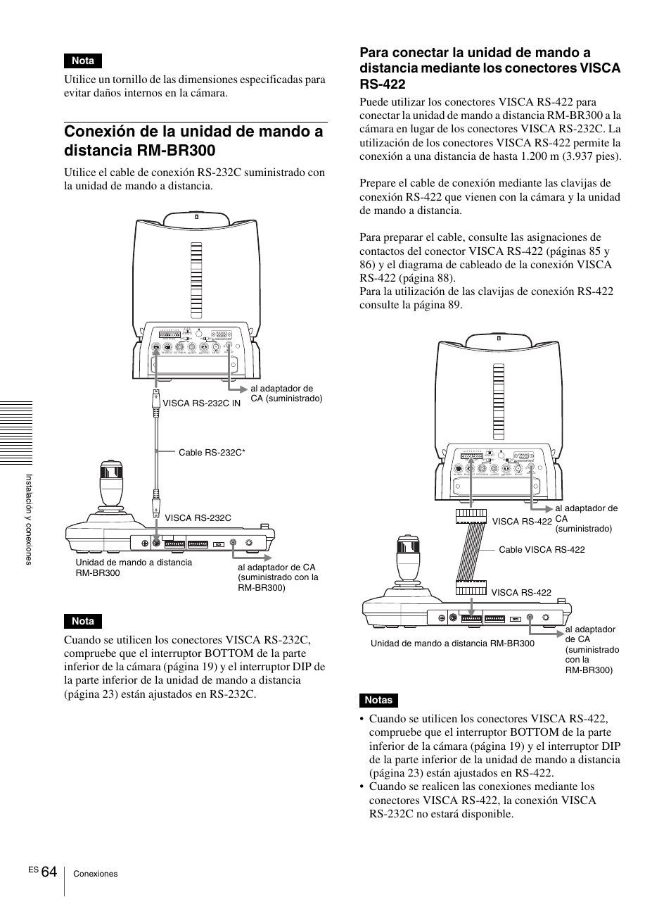 Conexión de la unidad de mando a distancia, Rm-br300, Nota | Notas | Vaddio BRC-H900 Operating User Manual | Page 246 / 271