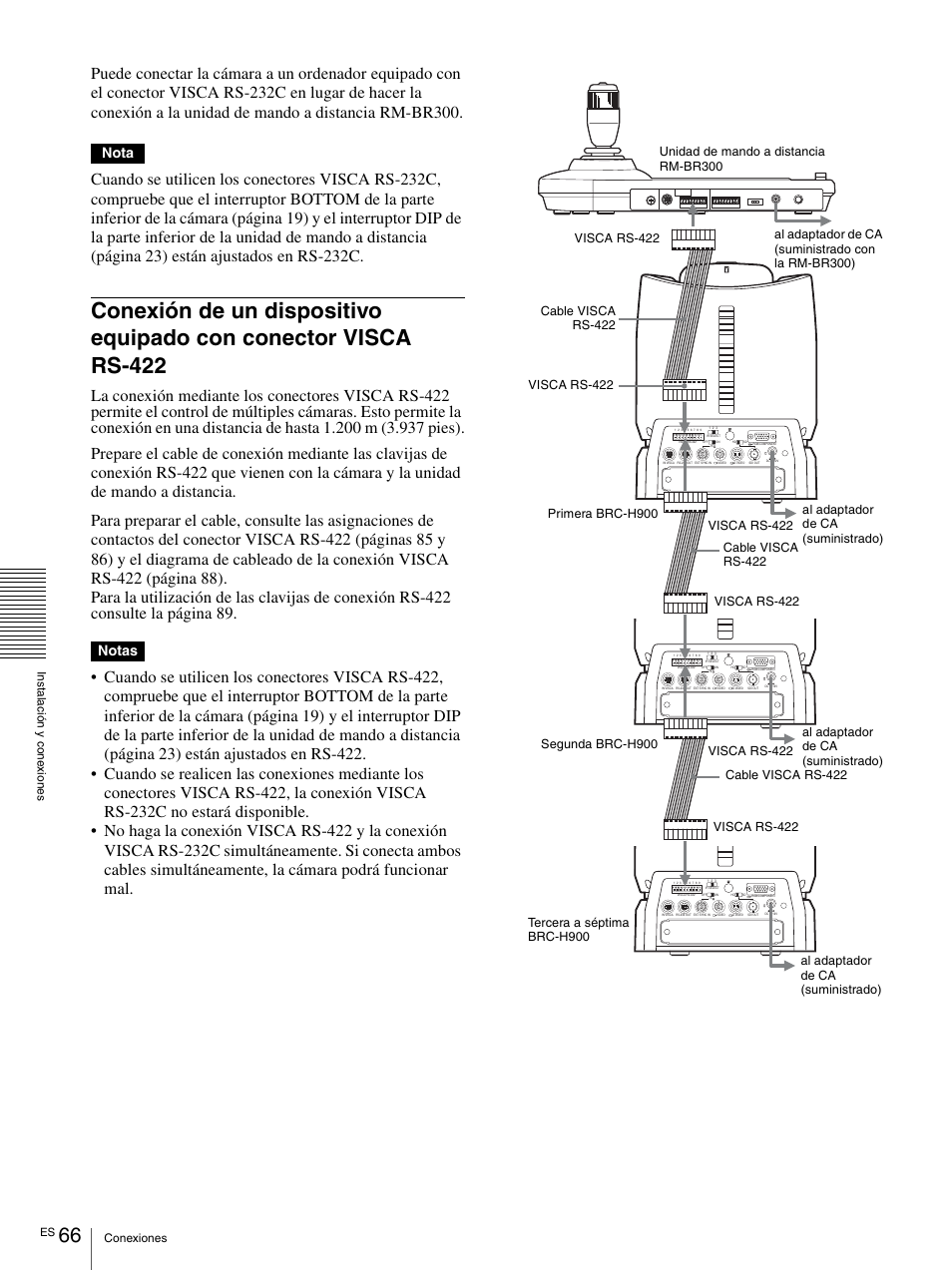 Conexión de un dispositivo equipado con conector, Visca rs-422, Nota | Notas | Vaddio BRC-H900 Operating User Manual | Page 248 / 271