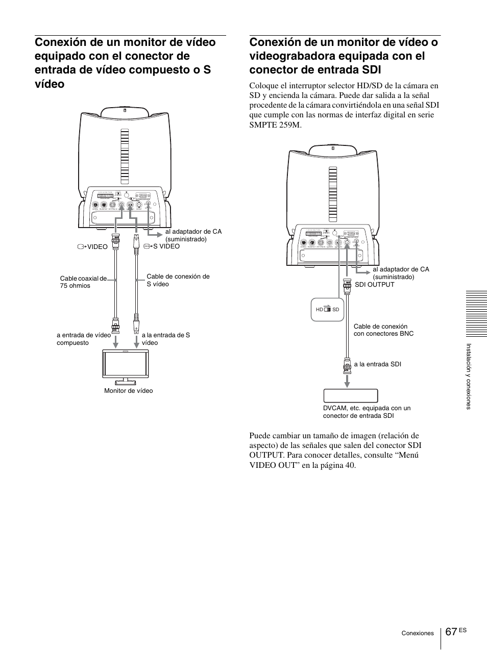 Conexión de un monitor de vídeo equipado con el, Conector de entrada de vídeo compuesto o s vídeo, Conexión de un monitor de vídeo o | Vaddio BRC-H900 Operating User Manual | Page 249 / 271
