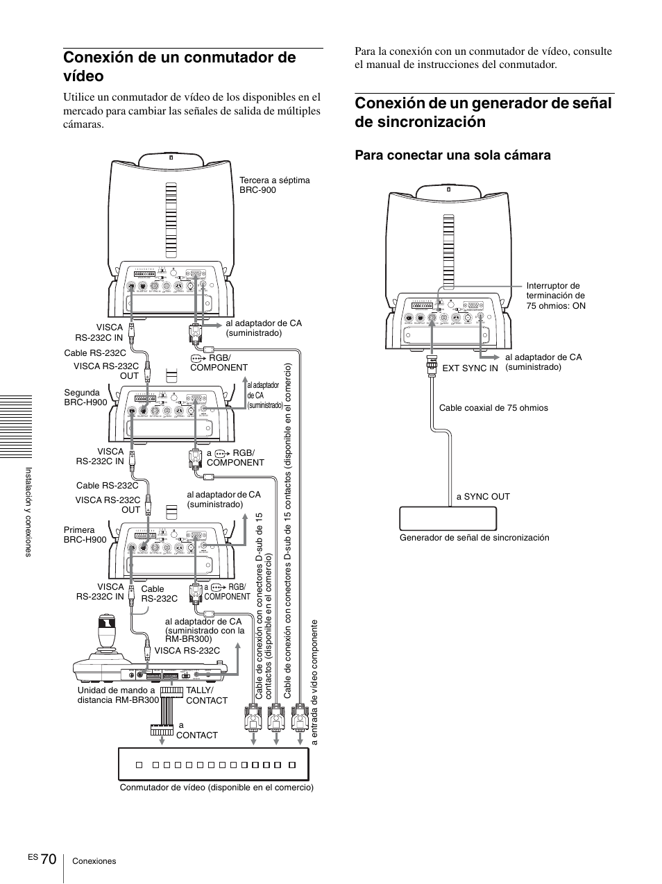 Conexión de un conmutador de vídeo, Sincronización, Para conectar una sola cámara | Vaddio BRC-H900 Operating User Manual | Page 252 / 271