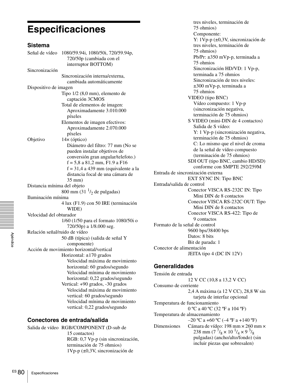 Especificaciones | Vaddio BRC-H900 Operating User Manual | Page 262 / 271