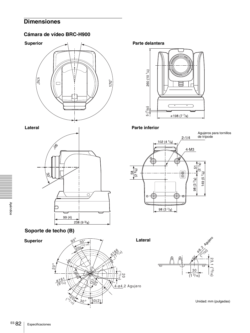 Dimensiones, Cámara de vídeo brc-h900, Soporte de techo (b) | Vaddio BRC-H900 Operating User Manual | Page 264 / 271