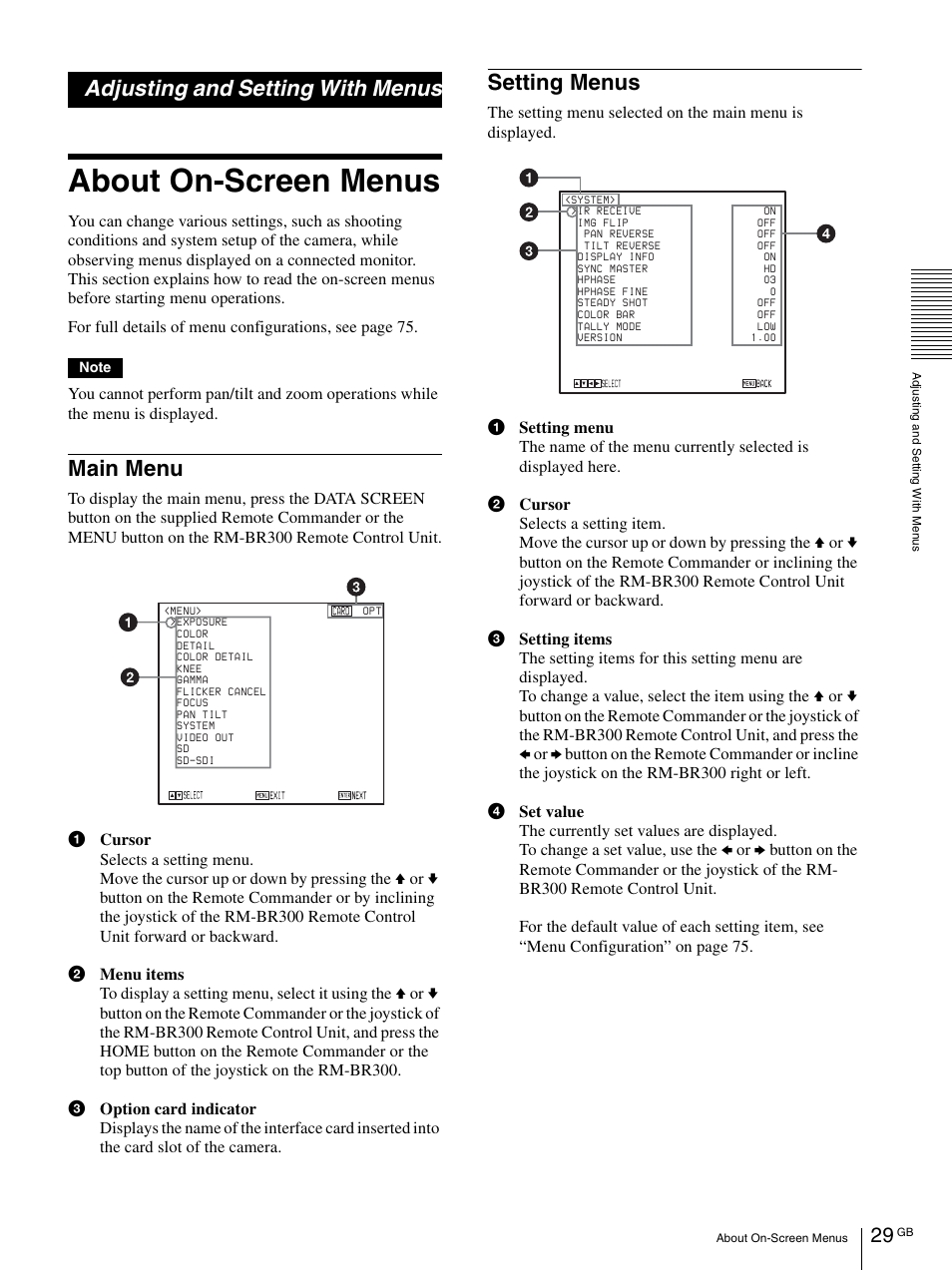 Adjusting and setting with menus, About on-screen menus, Main menu | Setting menus, Main menu setting menus | Vaddio BRC-H900 Operating User Manual | Page 29 / 271