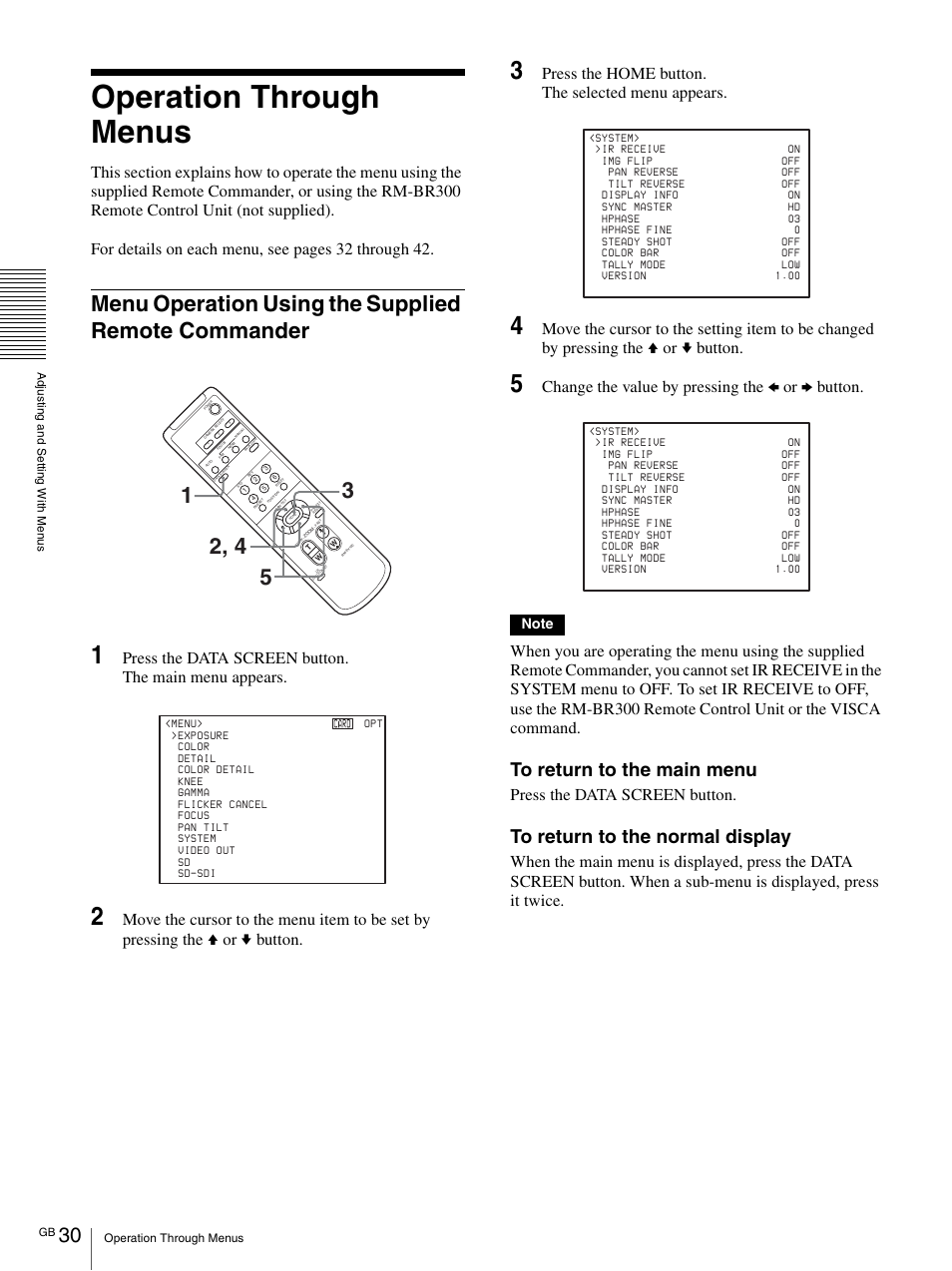 Operation through menus, Menu operation using the supplied remote commander, Menu operation using the supplied remote | Commander, Press the home button. the selected menu appears, Change the value by pressing the b or b button, Press the data screen button | Vaddio BRC-H900 Operating User Manual | Page 30 / 271