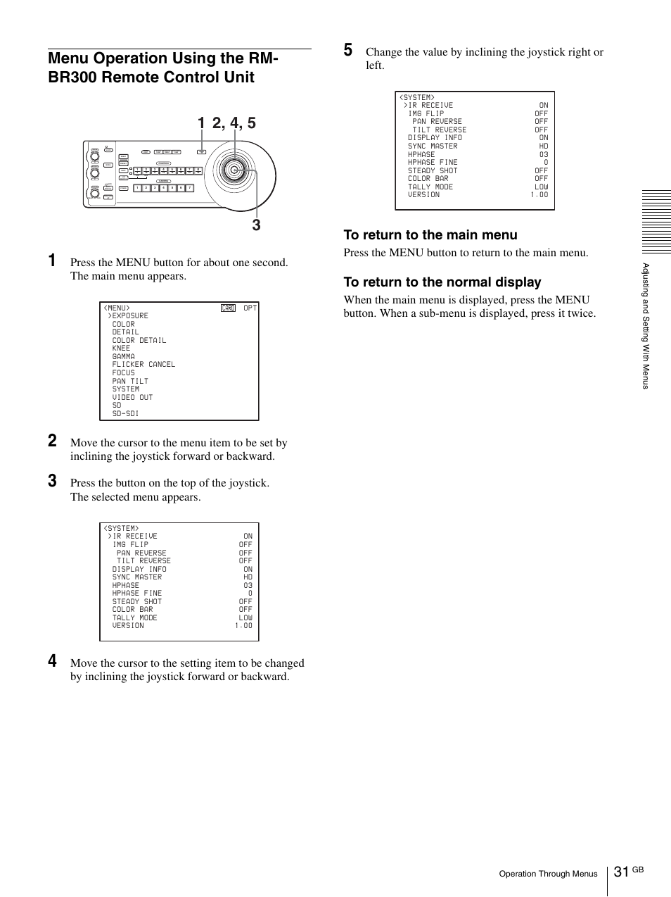 Menu operation using the rm-br300 remote, Control unit, Press the menu button to return to the main menu | Vaddio BRC-H900 Operating User Manual | Page 31 / 271
