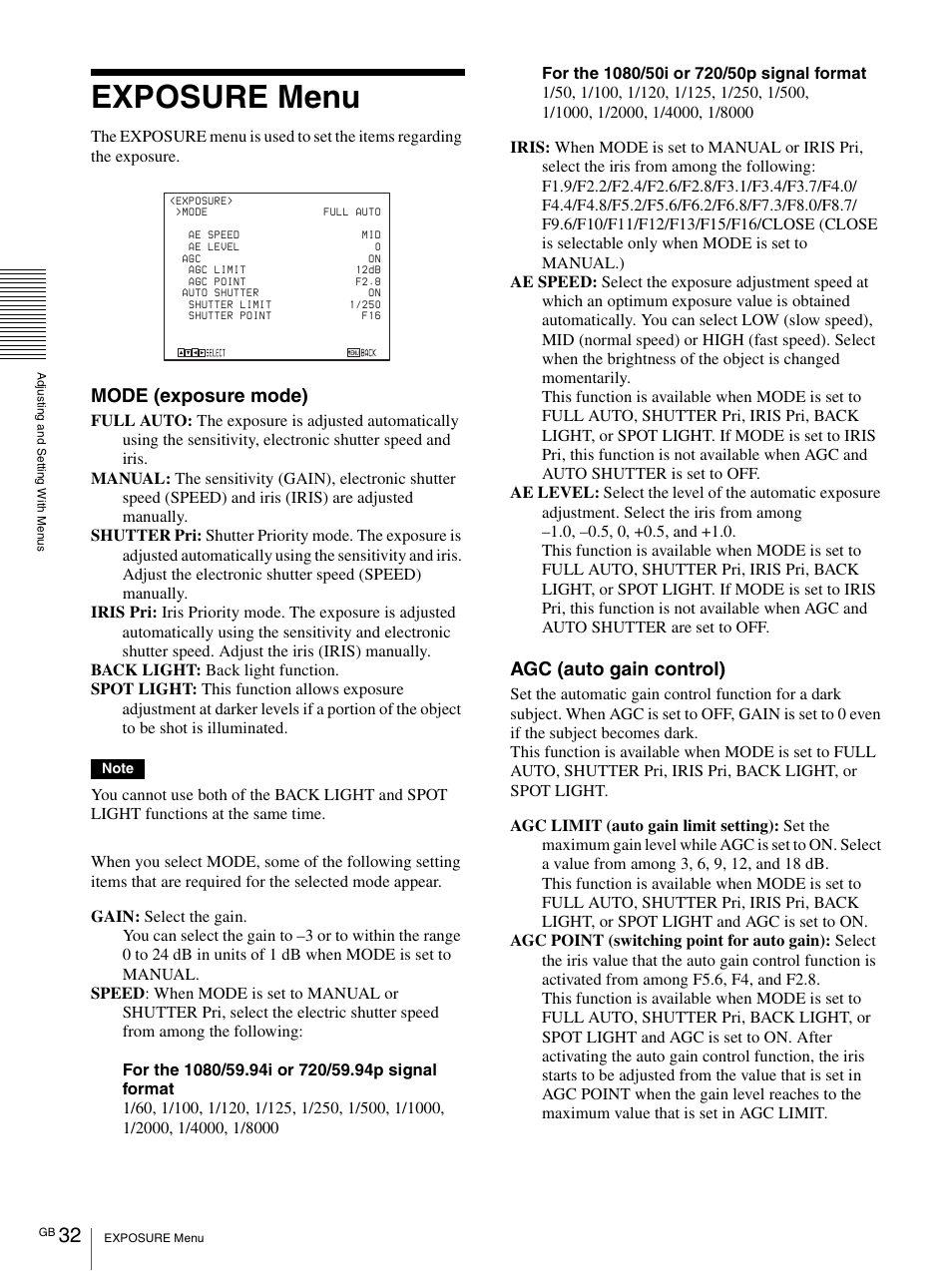 Exposure menu, Mode (exposure mode), Agc (auto gain control) | Vaddio BRC-H900 Operating User Manual | Page 32 / 271