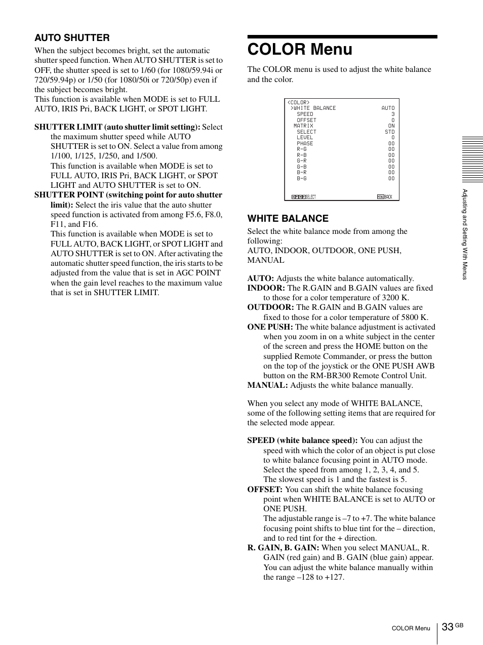 Color menu, Auto shutter, White balance | Vaddio BRC-H900 Operating User Manual | Page 33 / 271