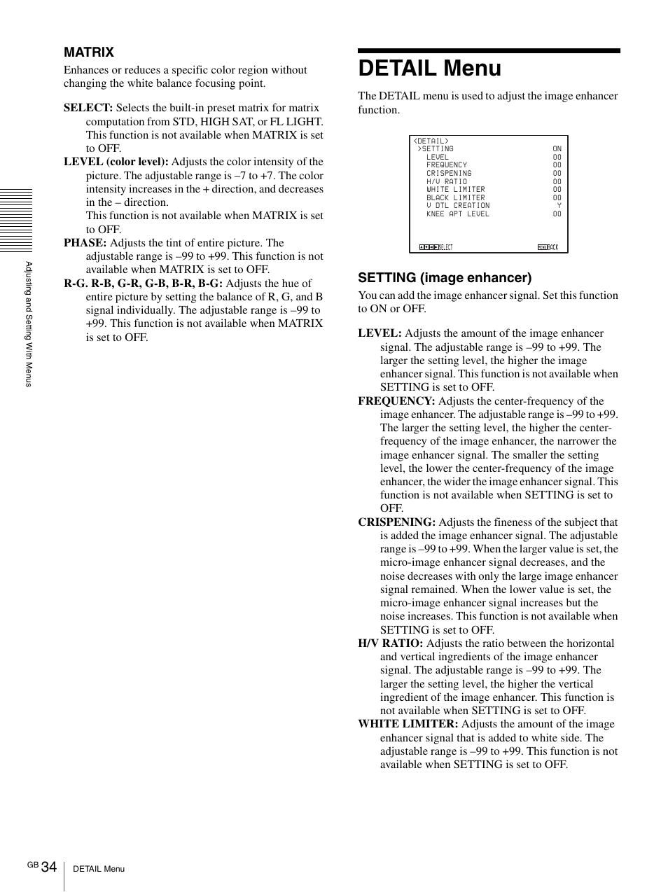 Detail menu, Matrix, Setting (image enhancer) | Vaddio BRC-H900 Operating User Manual | Page 34 / 271
