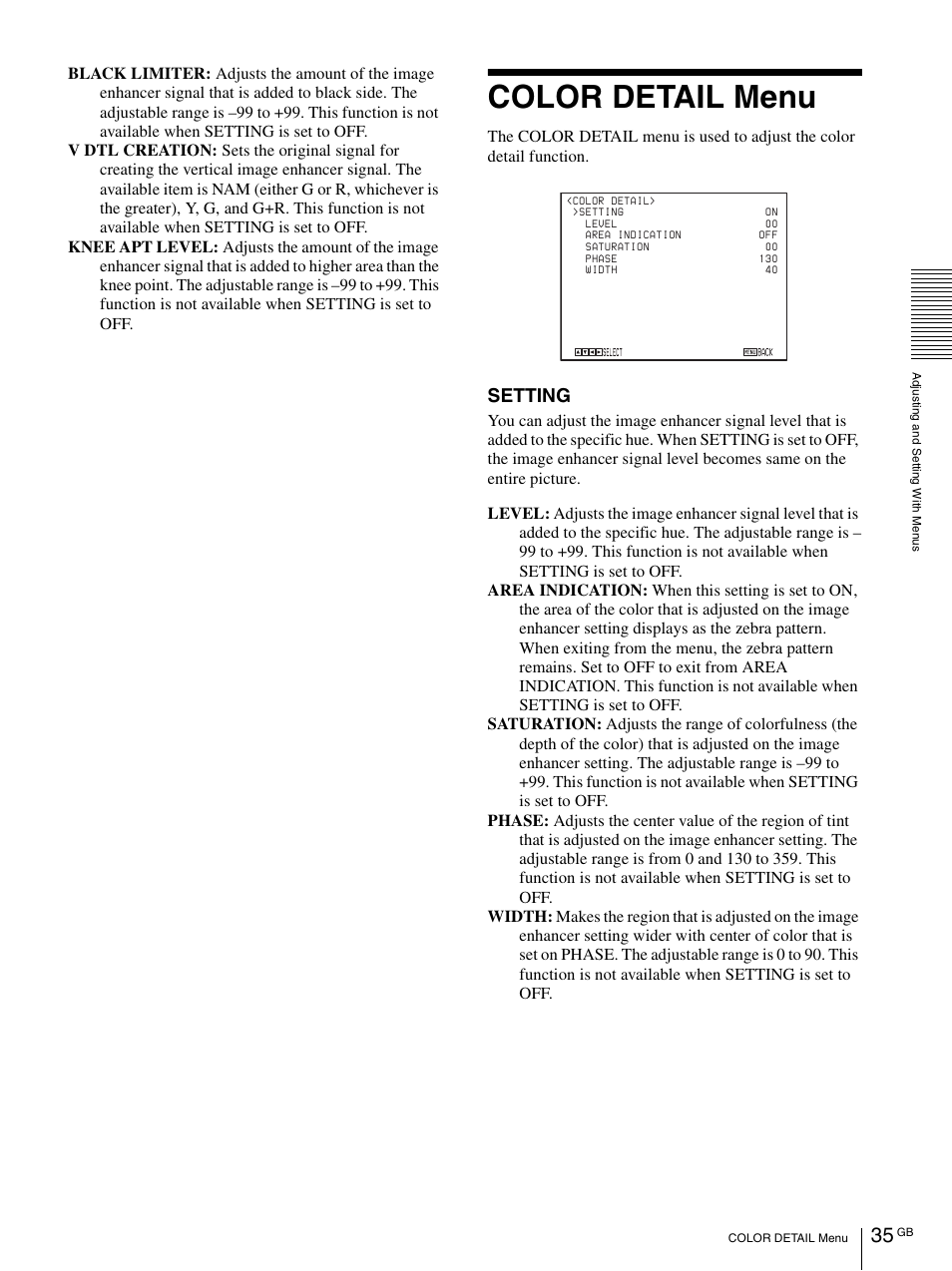 Color detail menu, Setting | Vaddio BRC-H900 Operating User Manual | Page 35 / 271