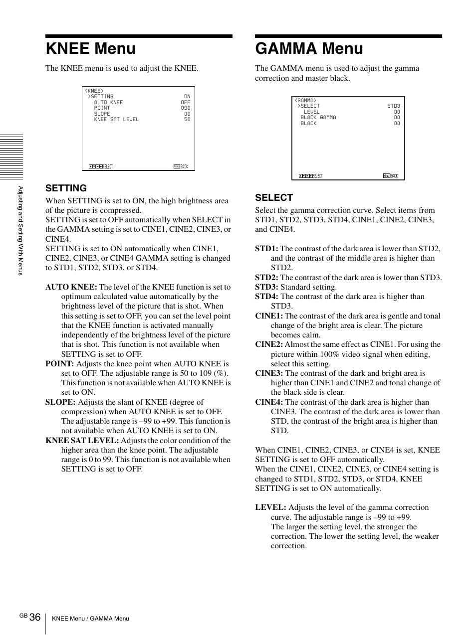 Knee menu, Gamma menu, Setting | Select | Vaddio BRC-H900 Operating User Manual | Page 36 / 271