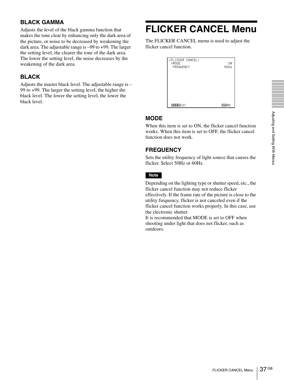 Flicker cancel menu, Black gamma, Black | Mode, Frequency | Vaddio BRC-H900 Operating User Manual | Page 37 / 271