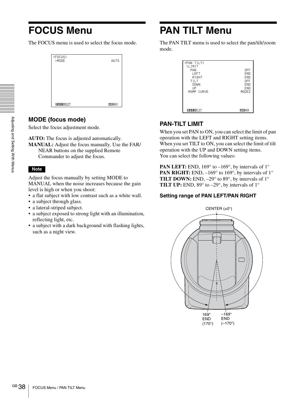 Focus menu, Pan tilt menu, Mode (focus mode) | Pan-tilt limit | Vaddio BRC-H900 Operating User Manual | Page 38 / 271