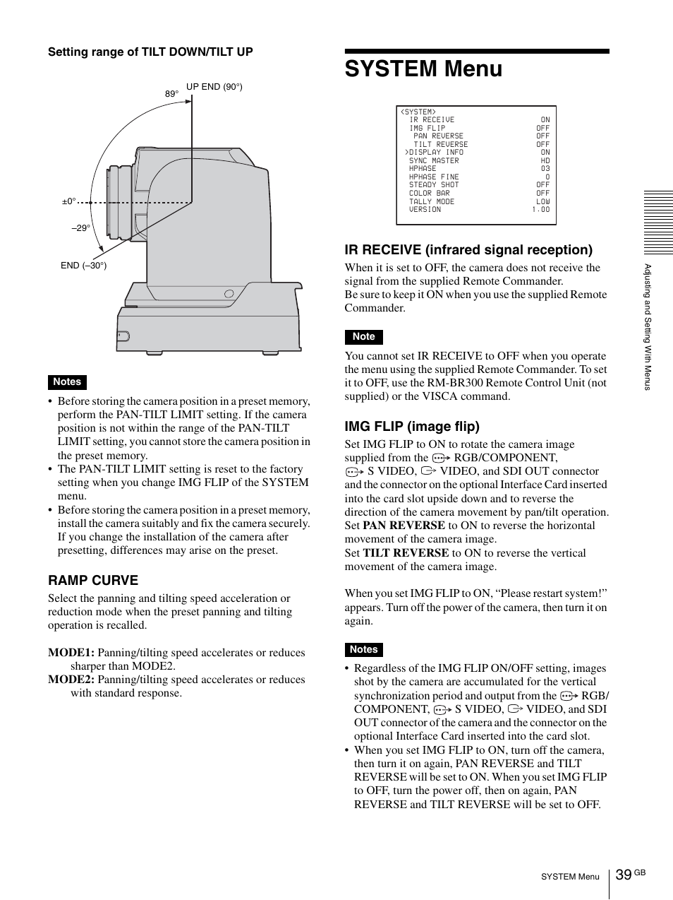 System menu, Ramp curve, Ir receive (infrared signal reception) | Img flip (image flip) | Vaddio BRC-H900 Operating User Manual | Page 39 / 271