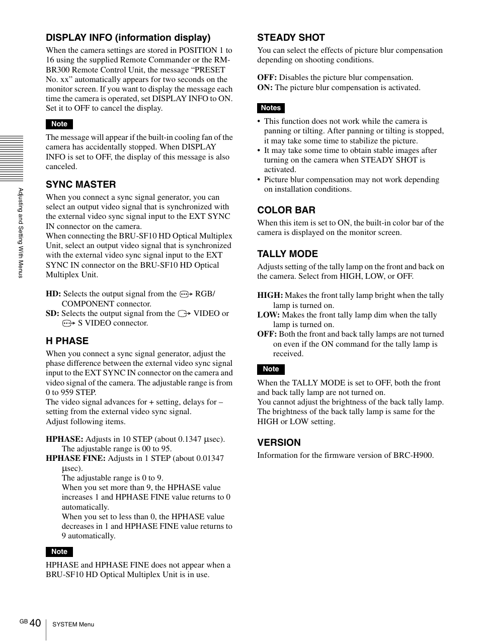 Display info (information display), Sync master, H phase | Steady shot, Color bar, Tally mode, Version | Vaddio BRC-H900 Operating User Manual | Page 40 / 271