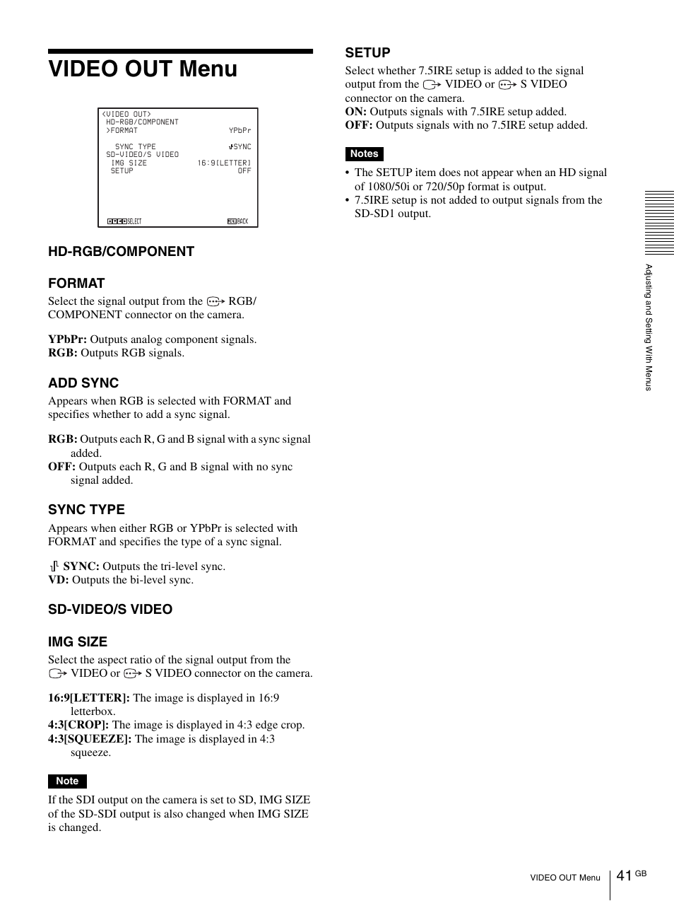 Video out menu, Hd-rgb/component format, Add sync | Sync type, Sd-video/s video img size, Setup | Vaddio BRC-H900 Operating User Manual | Page 41 / 271