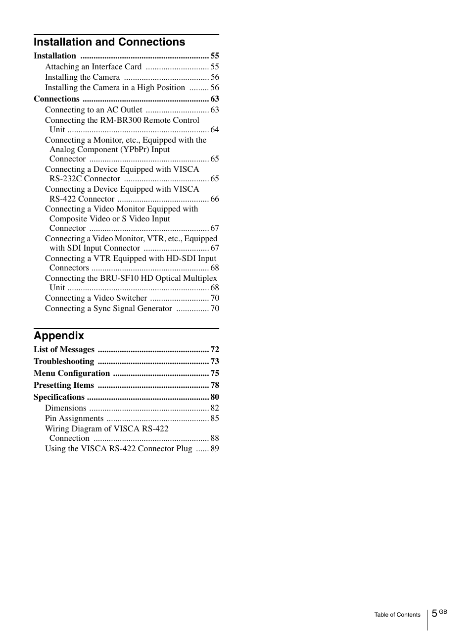 Installation and connections, Appendix | Vaddio BRC-H900 Operating User Manual | Page 5 / 271