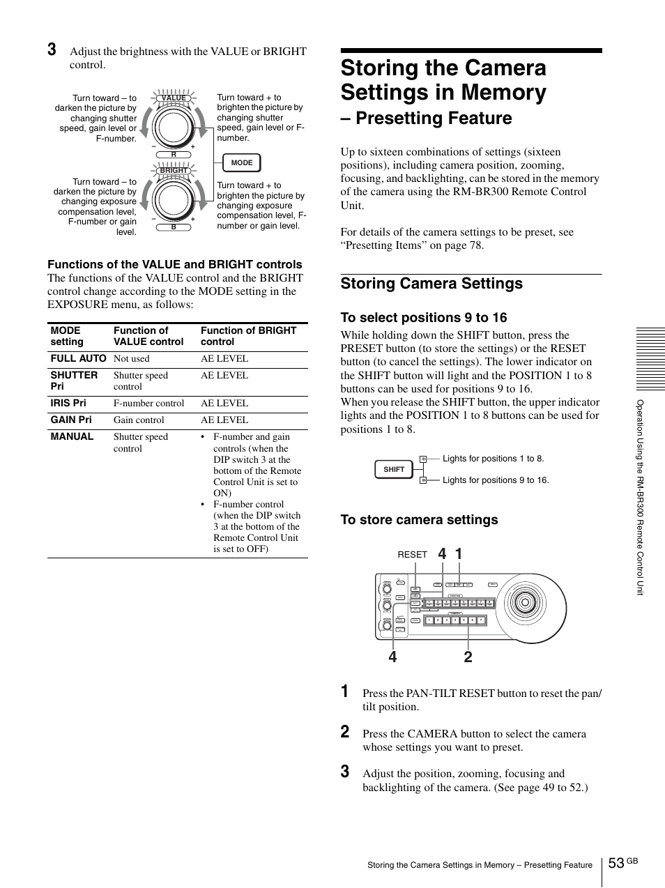 Storing camera settings, Presetting feature | Vaddio BRC-H900 Operating User Manual | Page 53 / 271