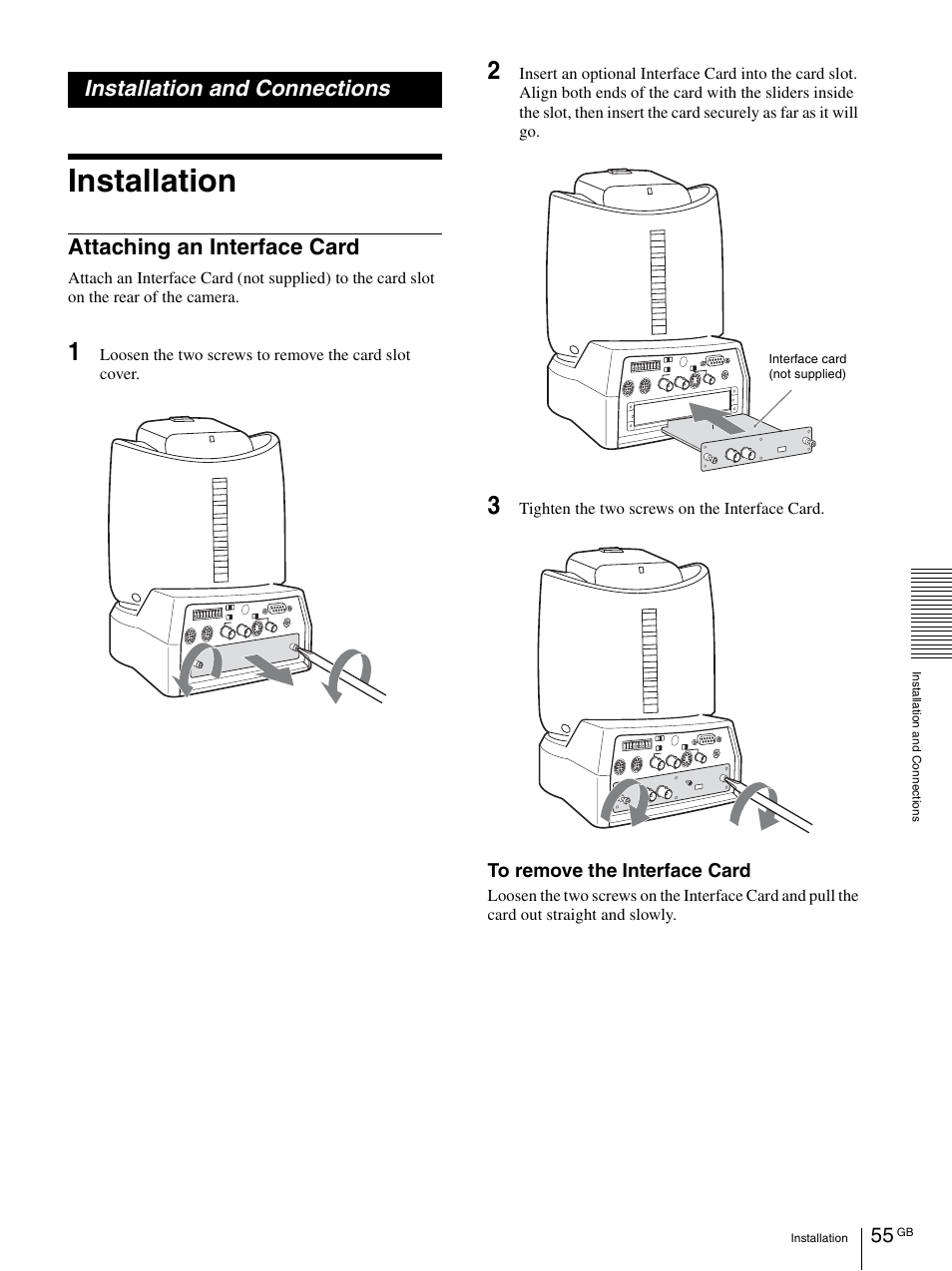 Installation and connections, Installation, Attaching an interface card | Vaddio BRC-H900 Operating User Manual | Page 55 / 271