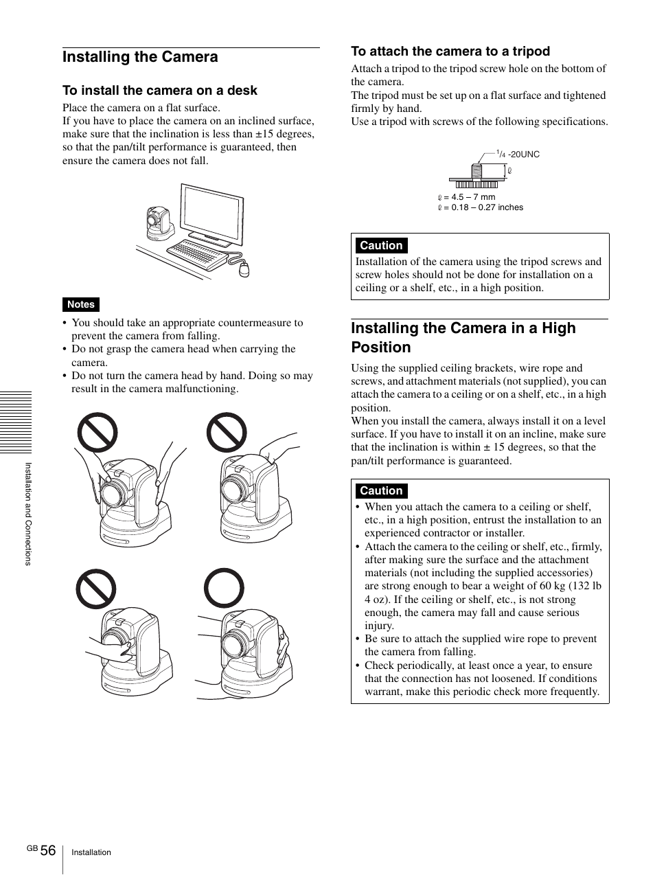 Installing the camera, Installing the camera in a high position | Vaddio BRC-H900 Operating User Manual | Page 56 / 271