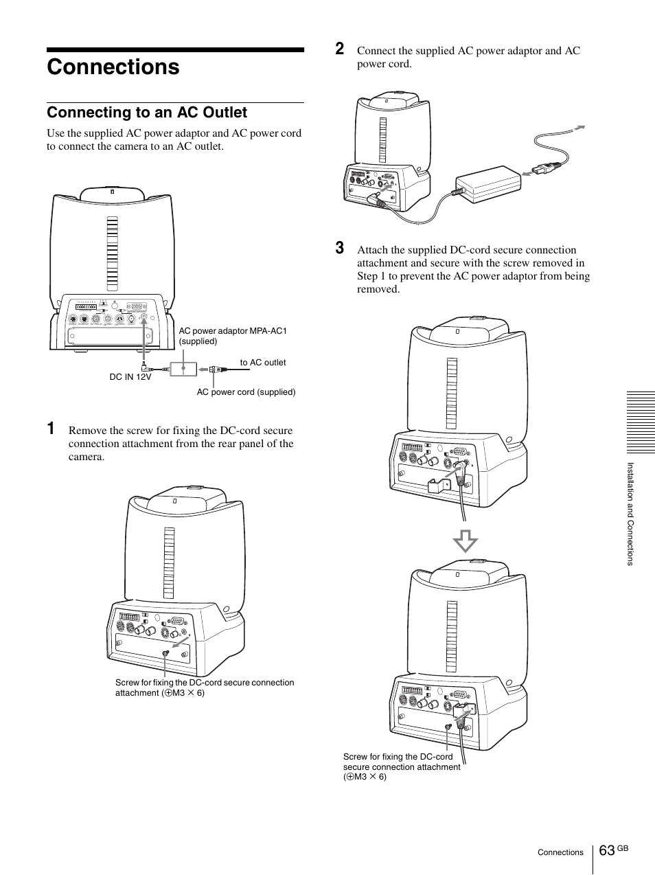 Connections, Connecting to an ac outlet | Vaddio BRC-H900 Operating User Manual | Page 63 / 271