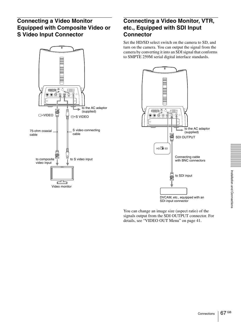 Connecting a video monitor equipped with, Composite video or s video input connector, Connecting a video monitor, vtr, etc., equipped | With sdi input connector | Vaddio BRC-H900 Operating User Manual | Page 67 / 271