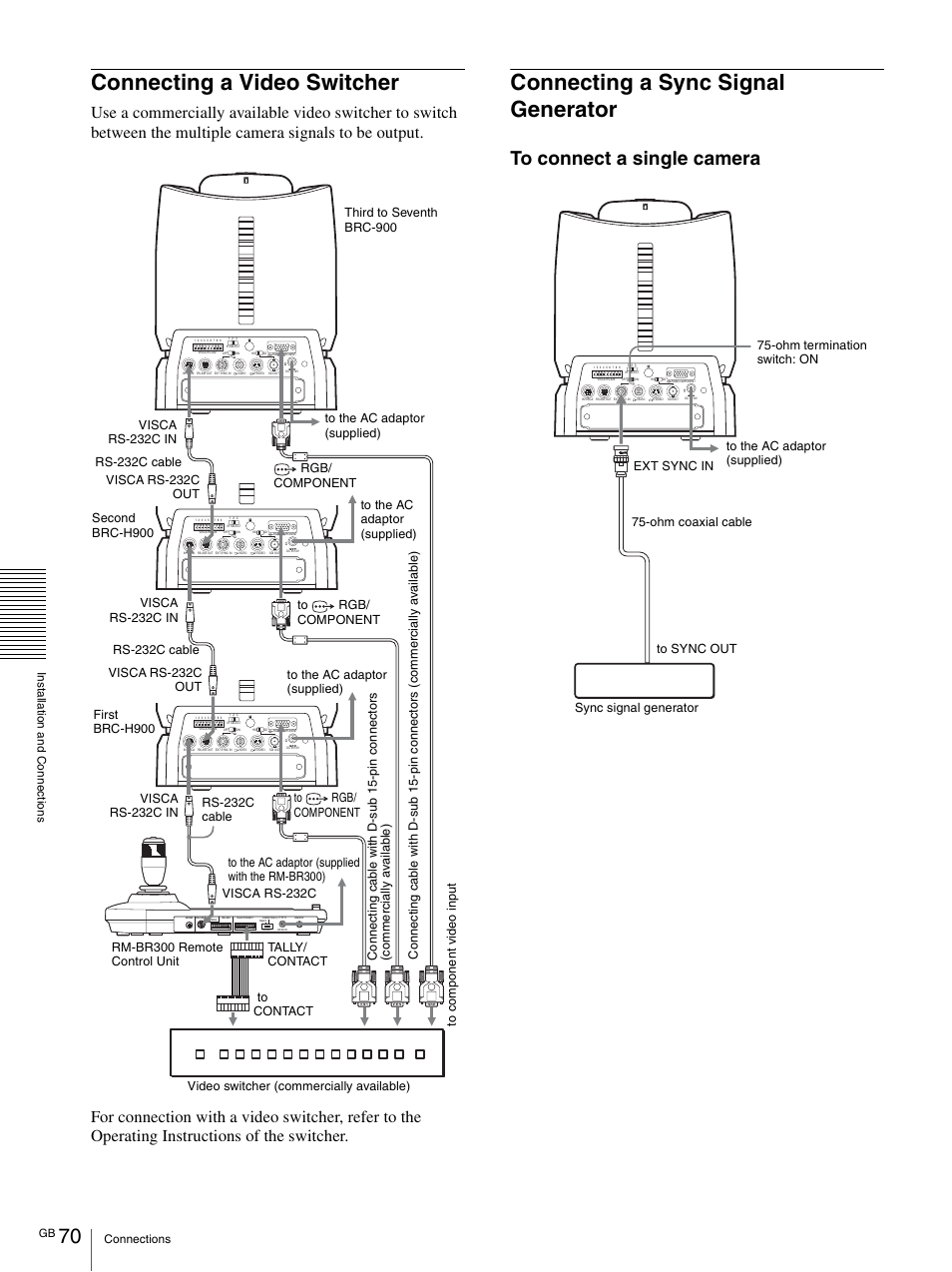 Connecting a video switcher, Connecting a sync signal generator | Vaddio BRC-H900 Operating User Manual | Page 70 / 271