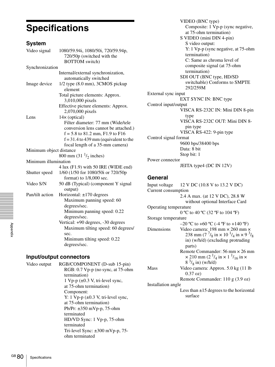 Specifications | Vaddio BRC-H900 Operating User Manual | Page 80 / 271