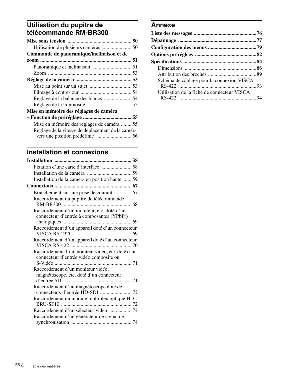 Utilisation du pupitre de télécommande rm-br300, Installation et connexions, Annexe | Vaddio BRC-H900 Operating User Manual | Page 92 / 271