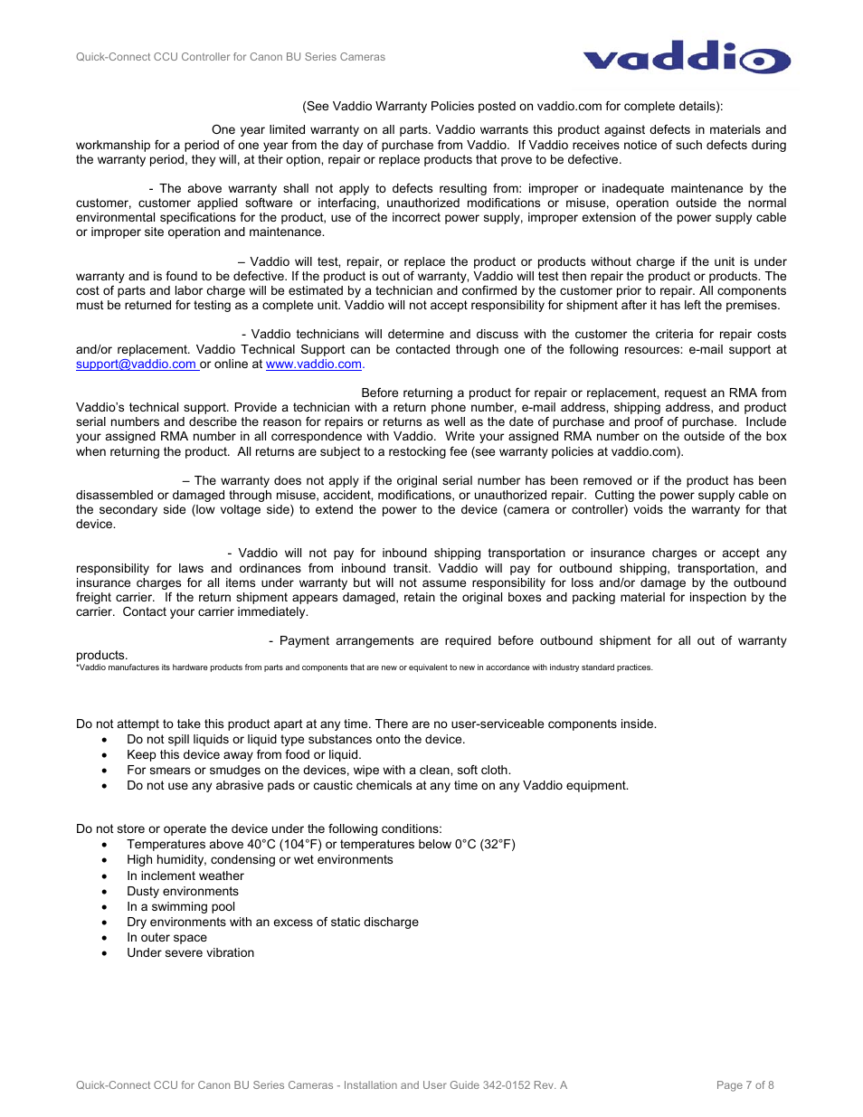 Warranty information | Vaddio Canon BU-Series CCU Image Controller User Manual | Page 7 / 8