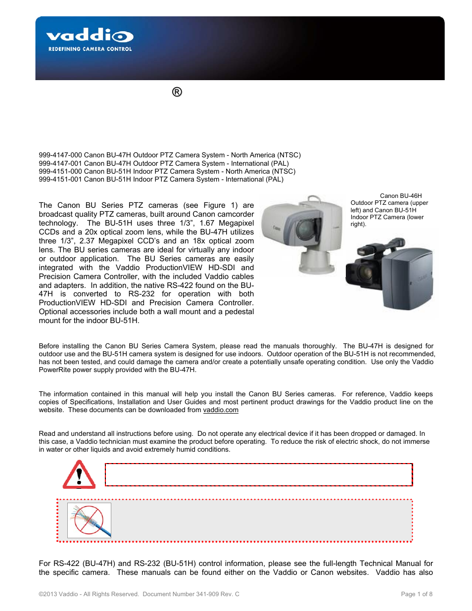 Vaddio Canon BU-Series User Manual | 8 pages