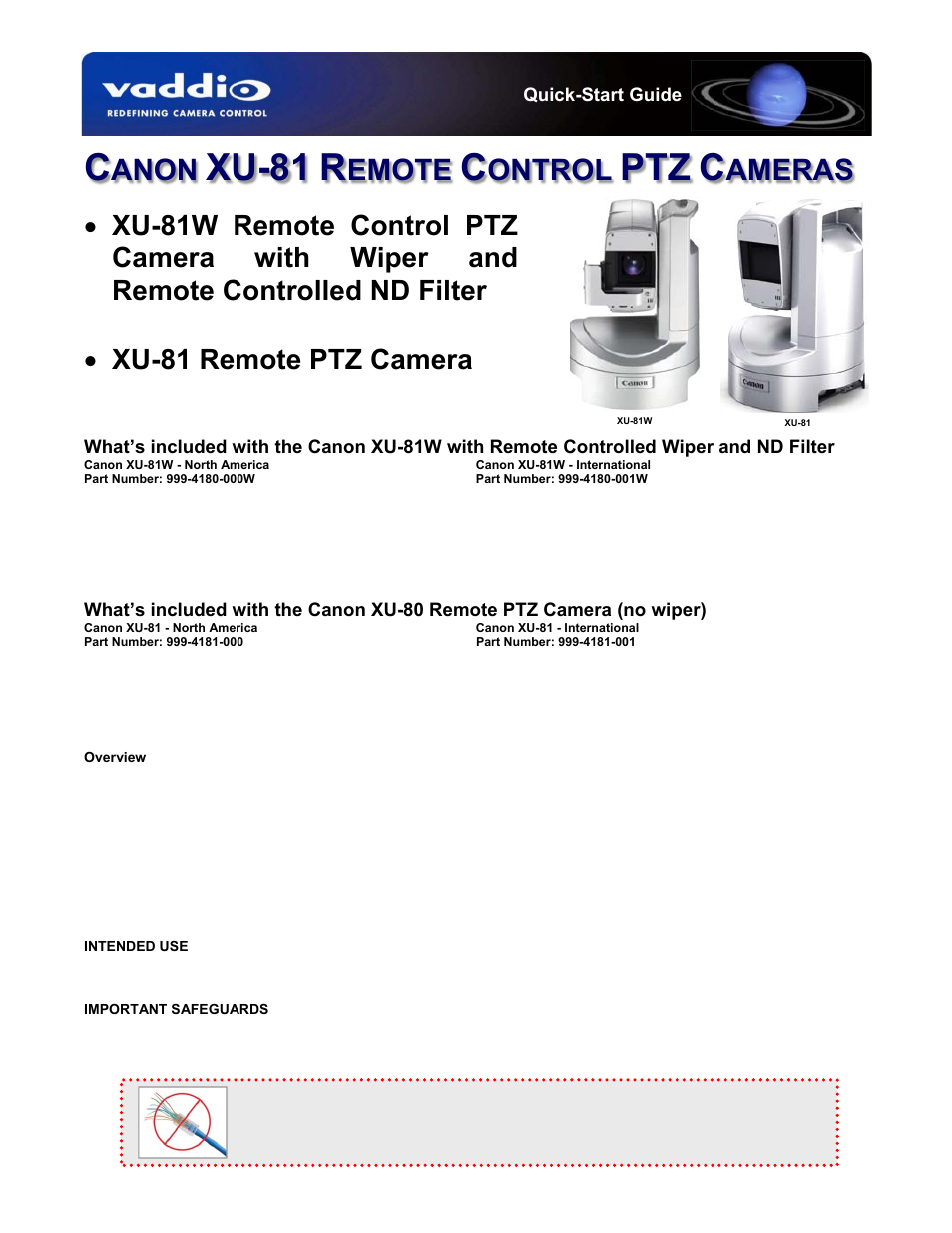 Vaddio Canon XU-81 User Manual | 2 pages