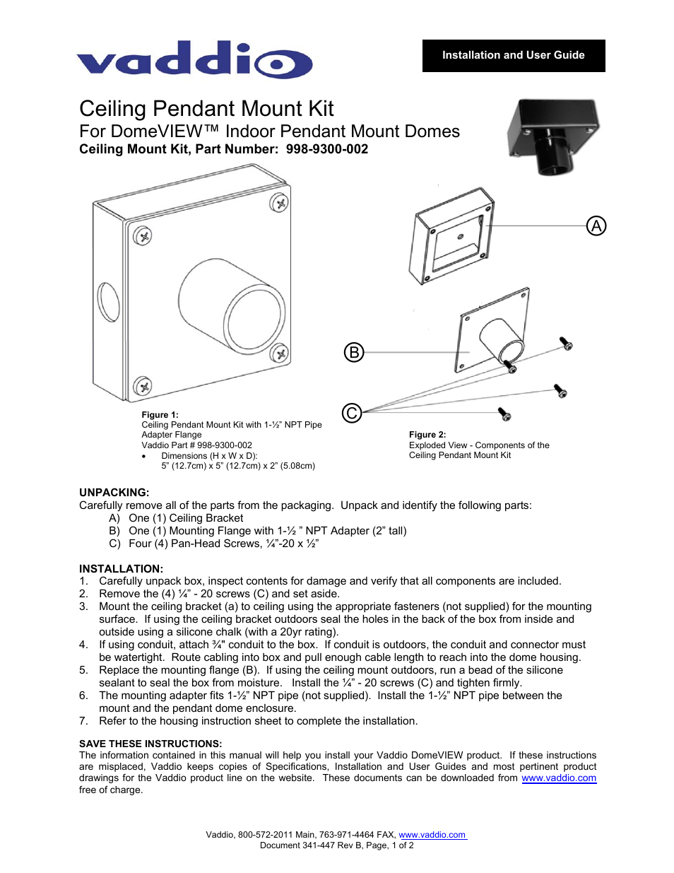 Vaddio Ceiling Pendant Mount Kit For DomeVIEW™ Indoor Pendant Mount Domes User Manual | 2 pages