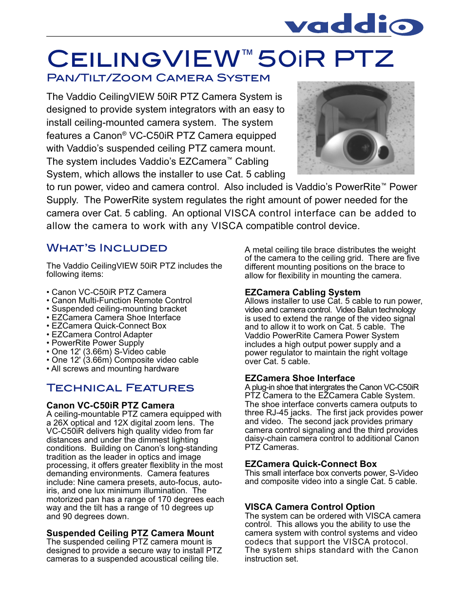 Vaddio CeilingVIEW 50iR Tech Specs User Manual | 2 pages