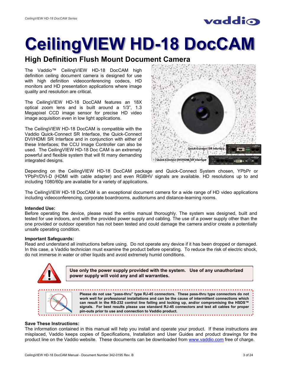 Ceilingview hd-18 doccam, High definition flush mount document camera | Vaddio CeilingVIEW HD-18 DocCAM User Manual | Page 3 / 24