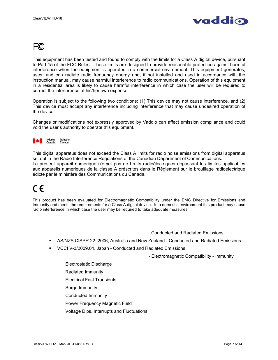 Compliance and ce declaration of conformity | Vaddio ClearVIEW HD-18 User Manual | Page 7 / 14