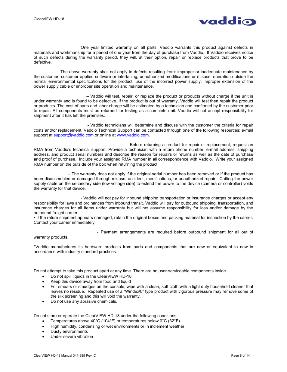 Warranty information | Vaddio ClearVIEW HD-18 User Manual | Page 8 / 14