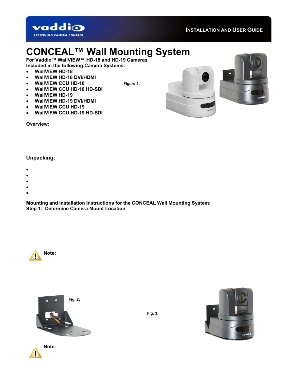Vaddio CONCEAL Wall Mounting System for WallVIEW HD-19 DVI/HDMI User Manual | 2 pages