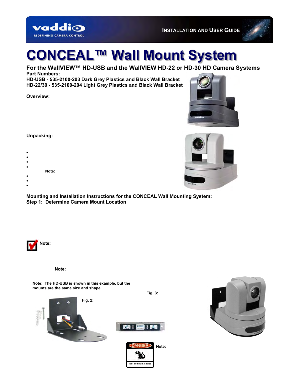 Vaddio CONCEAL Wall Mounting System for WallVIEW HD-USB, PowerVIEW HD-22 & 30 User Manual | 2 pages