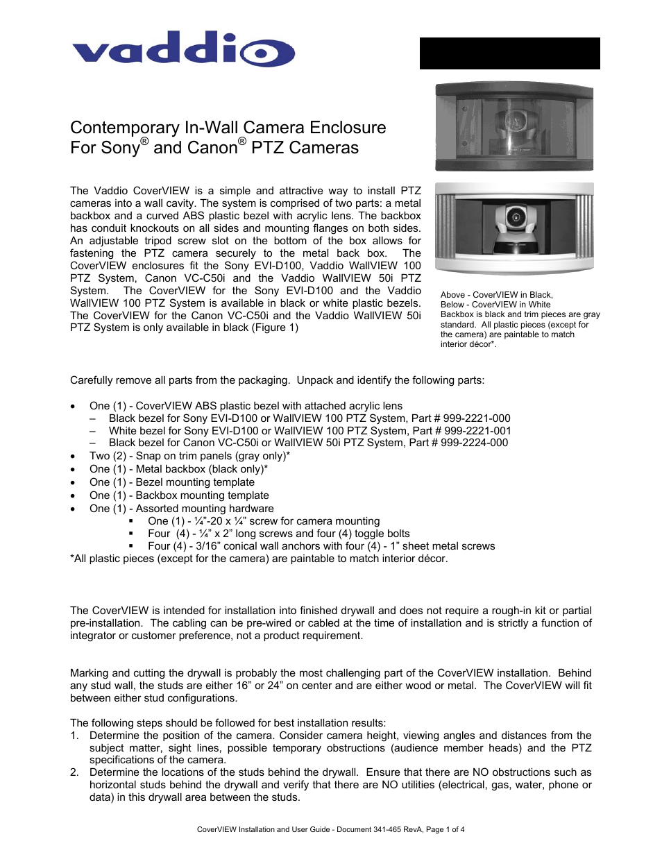 Vaddio CoverVIEW for ZoomSHOT, WideSHOT and Sony EVI-D100 User Manual | 4 pages