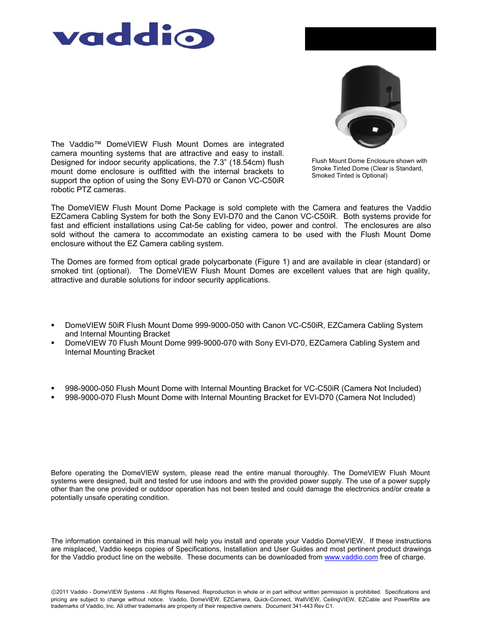 Vaddio DomeVIEW Flush Mount Dome User Manual | 12 pages